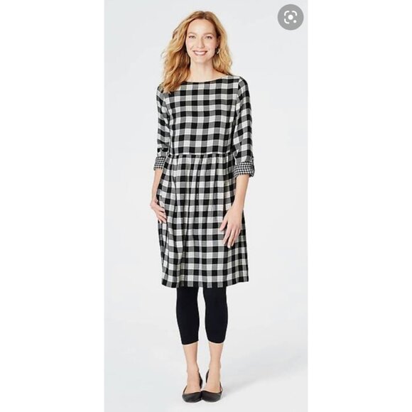 J. Jill Dresses & Skirts - J. Jill Gingham Double Cloth Dress Roll Tab Sleeve Button Back Black & White